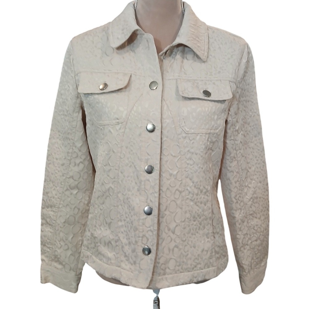 Erin London Chic Textured Leopard Print Button Down Jacket Cream Women's